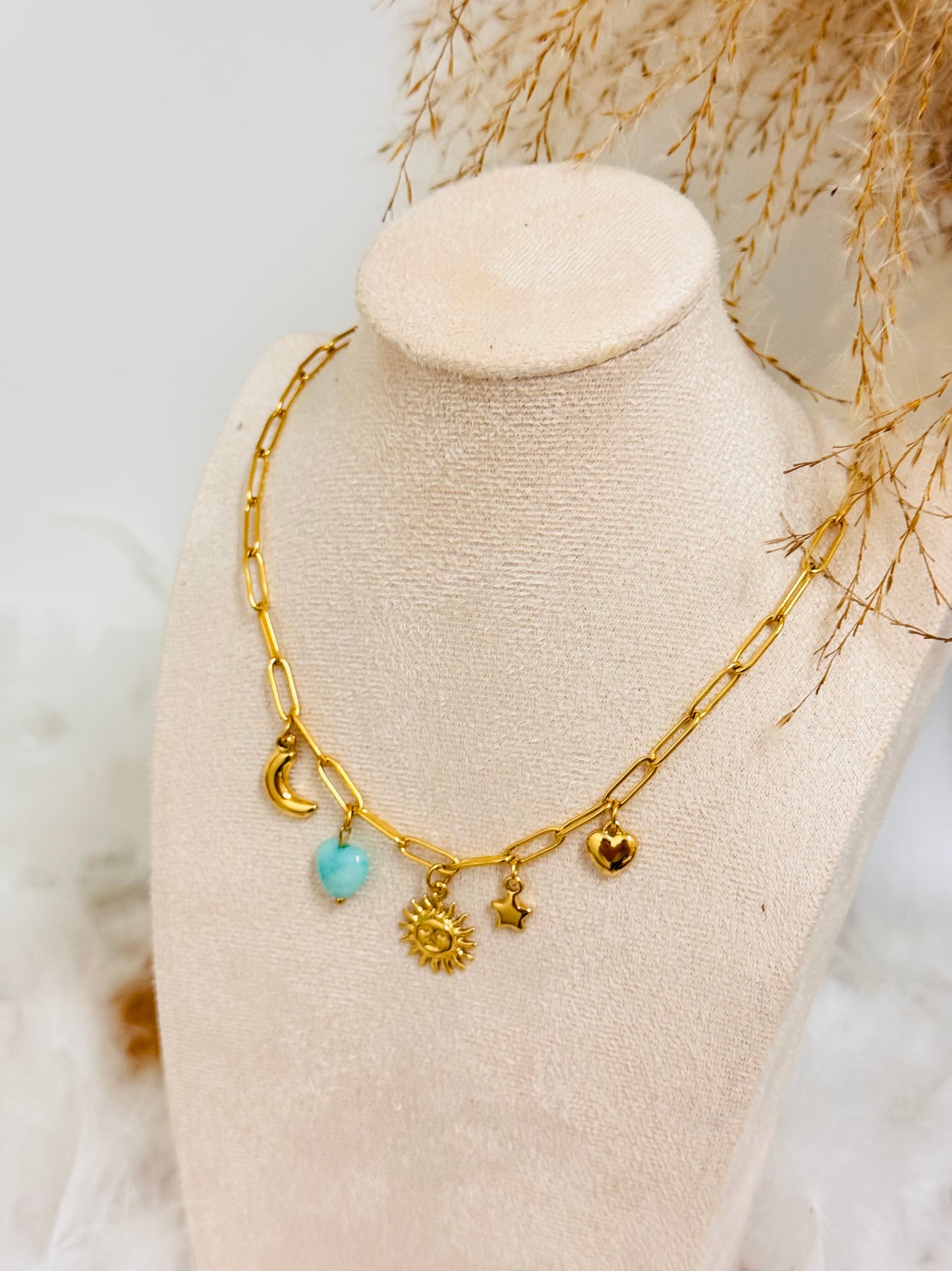 Collier breloques soleil coeur