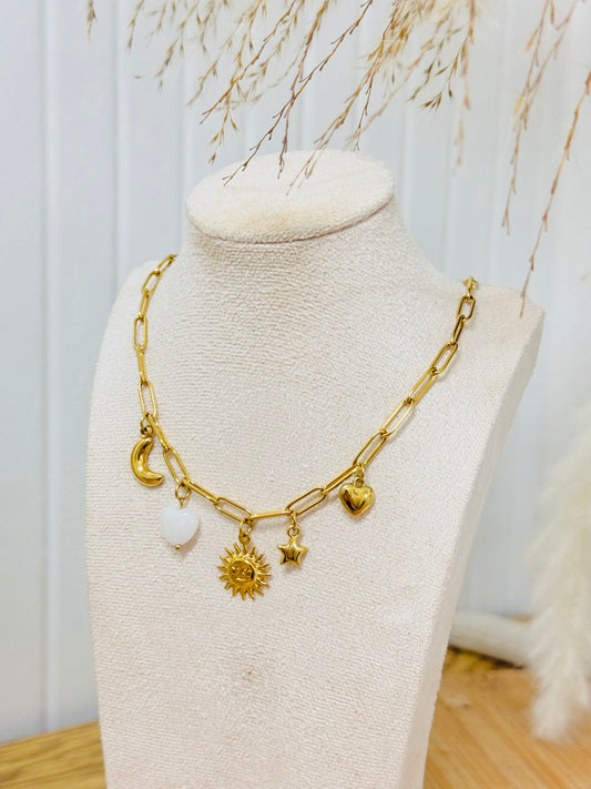 Collier breloques soleil coeur